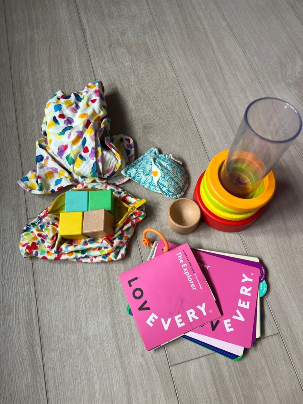 Lovevery Pink Board Books & Multicolor Stacking Toy Set